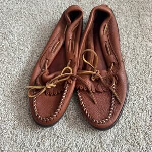 Minnetonka Soft Deerskin Slip On Moccasins Loafers Womens Size 8 Brown Kilty Bow